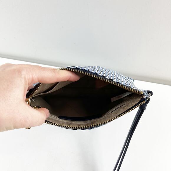 Talbots Leather Gingham Print Zip Top Pouch Wristlet Wallet Blue White - Picture 3 of 6